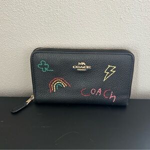 Coach Medium Black ID Wallet with Colorful Diary Embroidery C9104